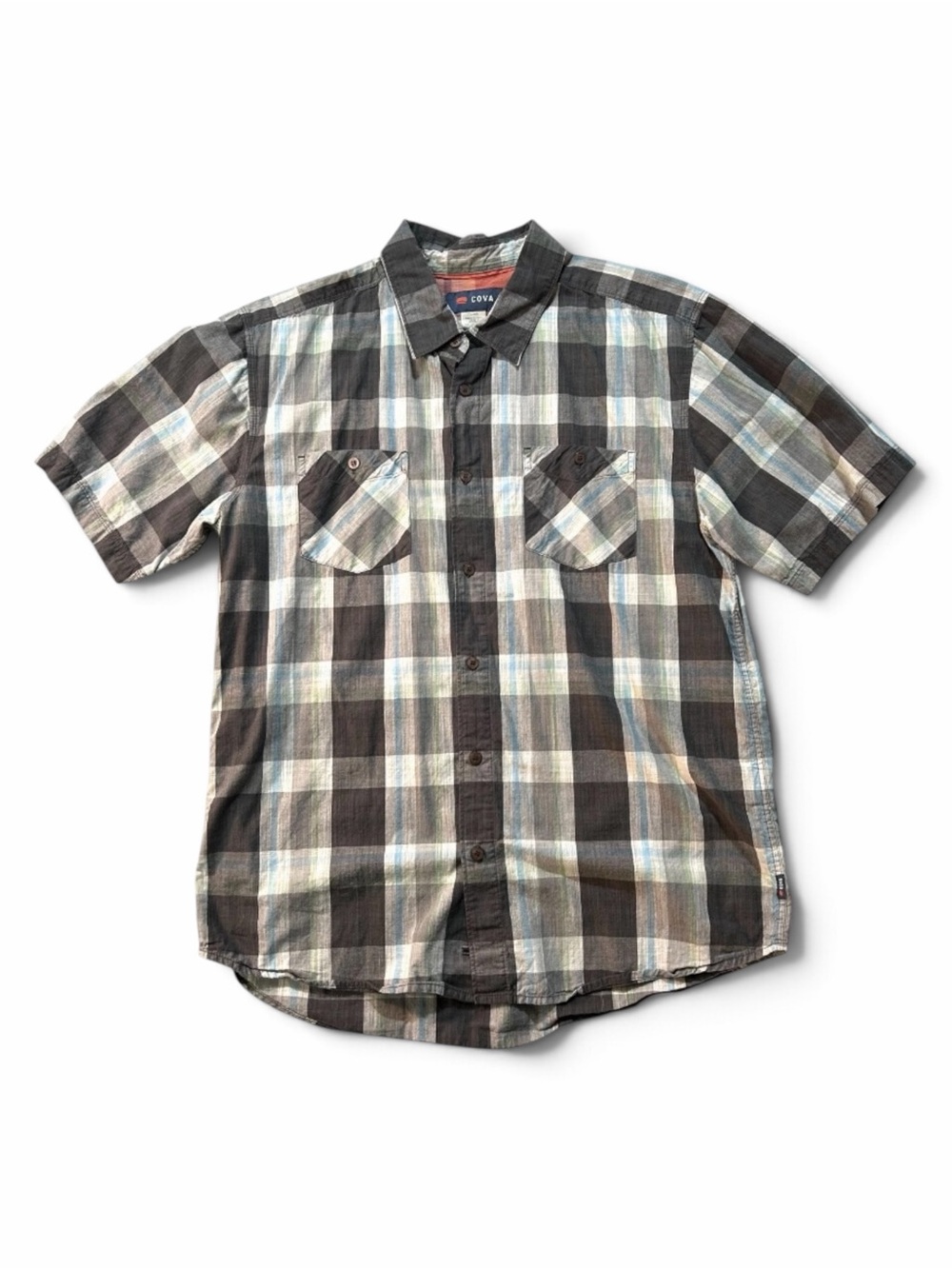 Cova Shirt Large Gray Checked Plaid Button Front Short Sleeve 100% Cotton